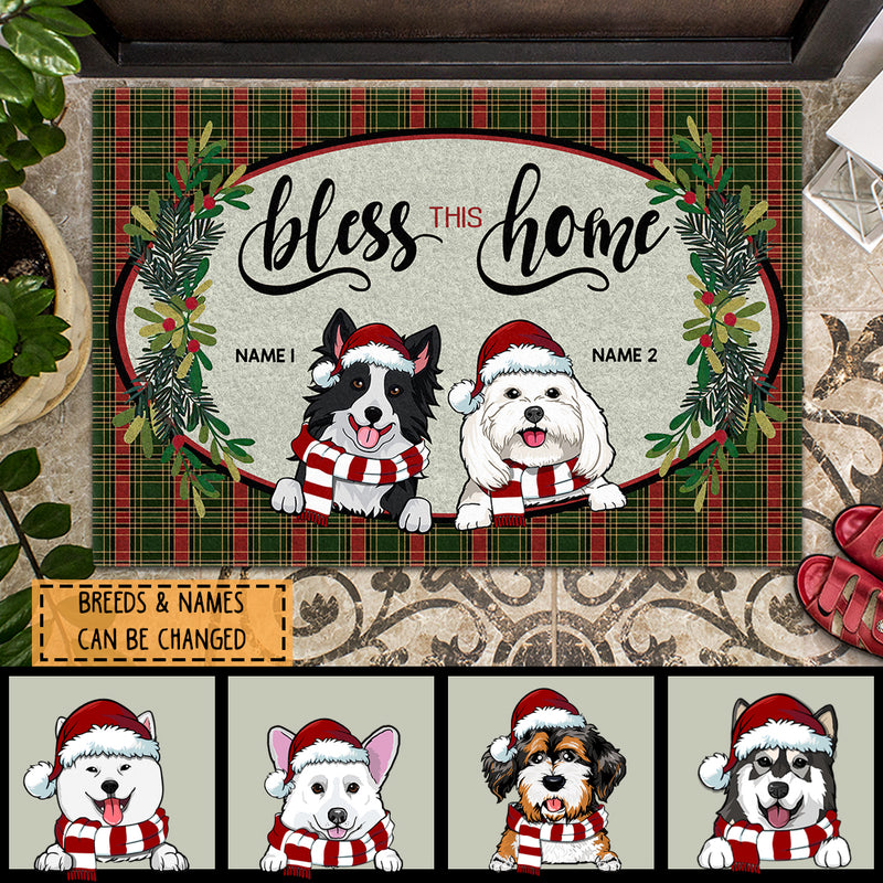 Bless This Home - Green Red Plaid - Personalized Dog Christmas Doormat
