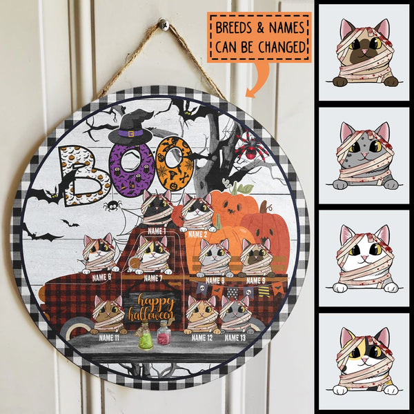 Boo Happy Halloween - Mummy Cats - Personalized Cat Door Sign