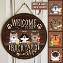 Welcome To Our Backyard Bar, Laughing Cats And Beverage, Personalized Cat Door Sign