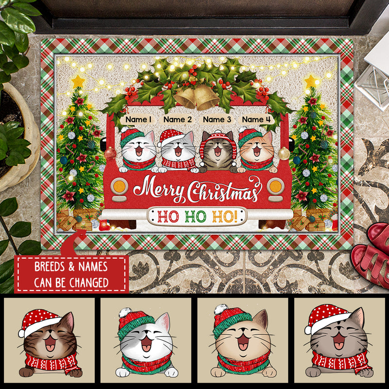 Merry Christmas Ho Ho Ho! - Red Green Plaid Around - Red Truck - Personalized Cat Christmas Doormat