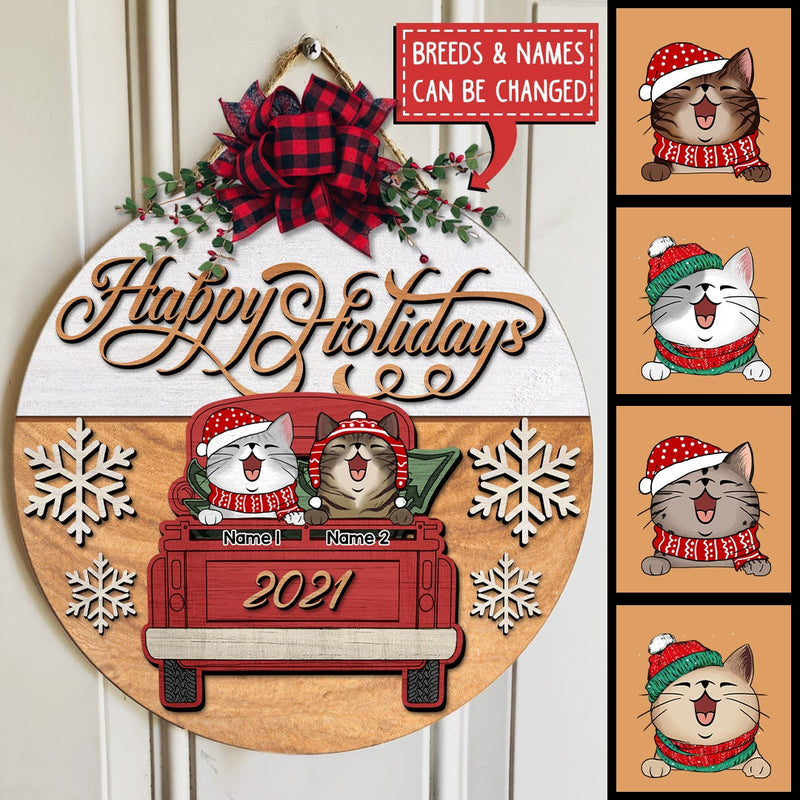 Happy Holiday, Vintage Truck Door Hanger, Personalized Cat Breeds Door Sign, Xmas Gifts For Cat Lovers