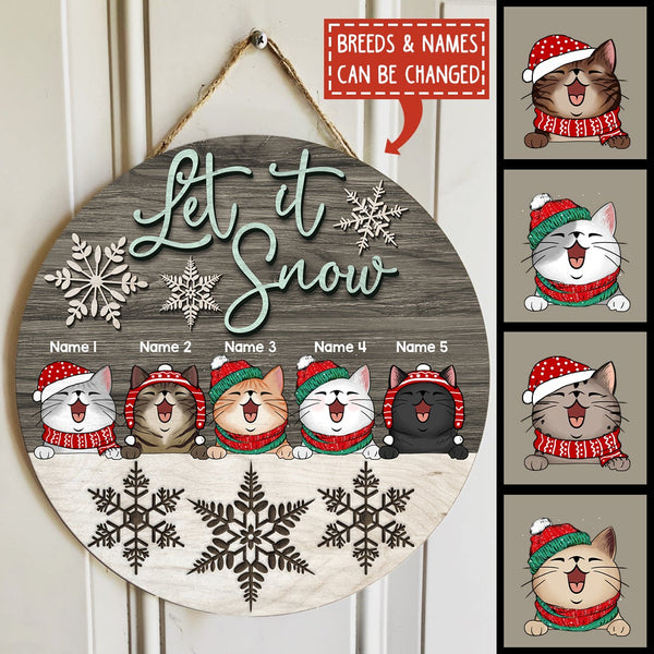 Let It Snow - Grey And White Wooden - Personalized Cat Christmas Door Sign