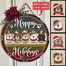 Happy Holiday - Red Plaid Around - Grey And Red Wooden - Personalized Cat Christmas Door Sign