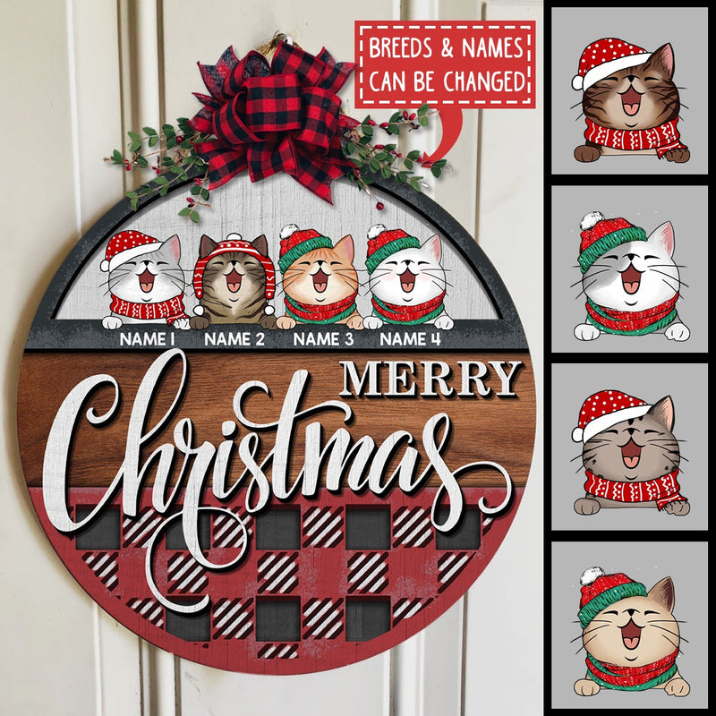 Merry Christmas - Red Plaid Wooden - Personalized Cat Christmas Door Sign