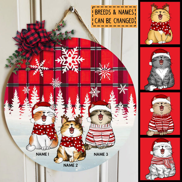 Cat In Snow - Red Plaid White Snowflake - Personalized Cat Christmas Door Sign
