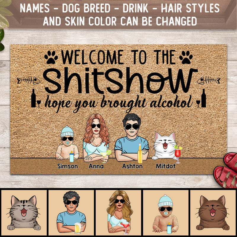Welcome To The Shitshow Hope You Brought Alcohol, Cool Style Family, Light Brown, Personalized Cat Breed Doormat