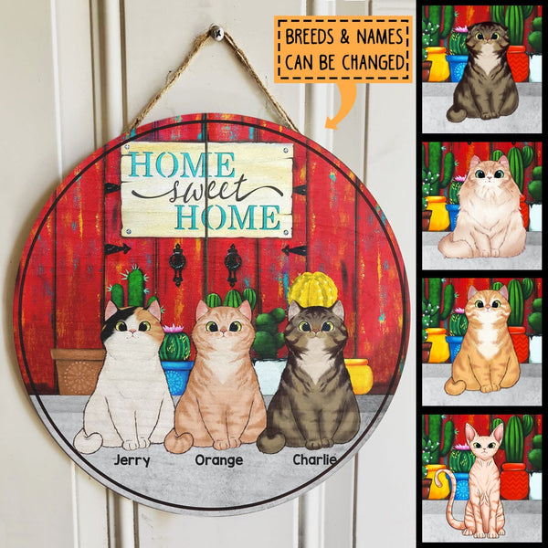 Home Sweet Home - Cats Front Red Door With Cactus - Personalized Cat Door Sign