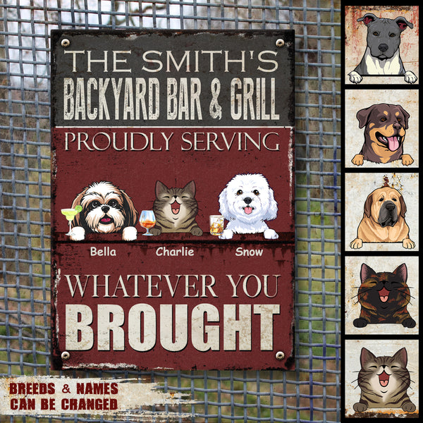 Welcome Backyard Bar & Grill Sign, Gifts For Pet Lovers, Proudly Serving Whatever You Bring, Retro Metal Signs