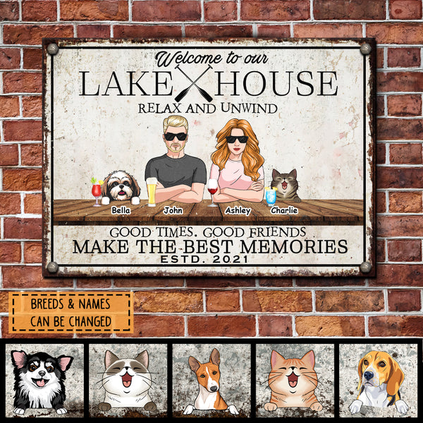 lake house decor Metal Lake House Sign, Gifts For Pet Lovers, Relax And Unwind Good Times Good Friends Personalized Family Sign
