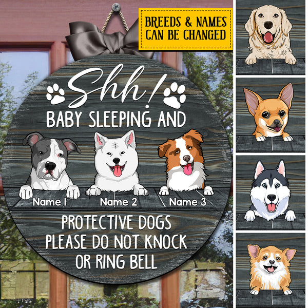 Custom Wooden Sign, Gifts For Dog Lovers, Shh Sleeping Baby And Protective Dogs Please Do Not Knock