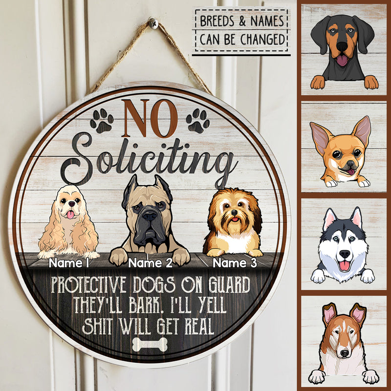 Custom Wooden Signs, Gifts For Dog Lovers, No Soliciting Protective Dogs On Guard Retro Signs