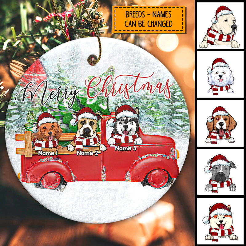 Merry Christmas Circle Ceramic Ornament, Dog With Red Truck And Pine Tree, Personalized Dog Lovers Decorative Christmas Ornament