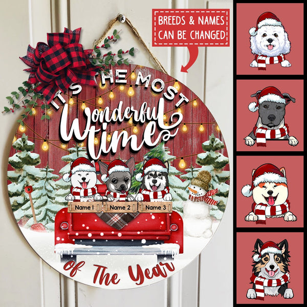 It's The Most Wonderful Time Of The Year - Red Truck - Red Wooden - Personalized Dog Christmas Door Sign