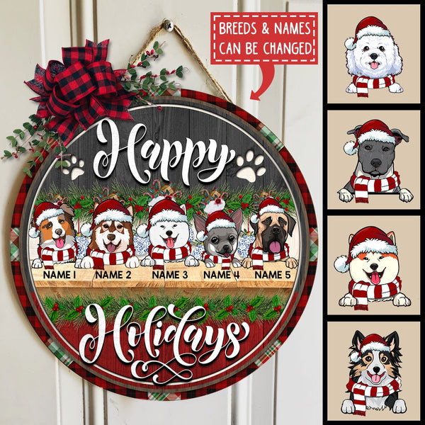 Happy Holiday - Red Plaid Around - Grey And Red Wooden - Personalized Dog Christmas Door Sign