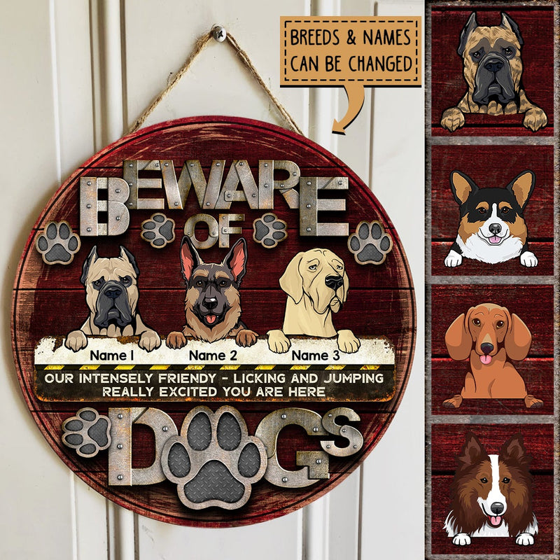 Beware Of Dogs, Brown Wooden Background, Personalized Dog Door Sign