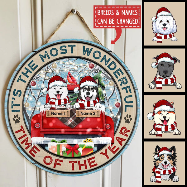 It's Most Wonderful Time Of The Year  - Red Truck - Letters Around - Personalized Dog Christmas Door Sign