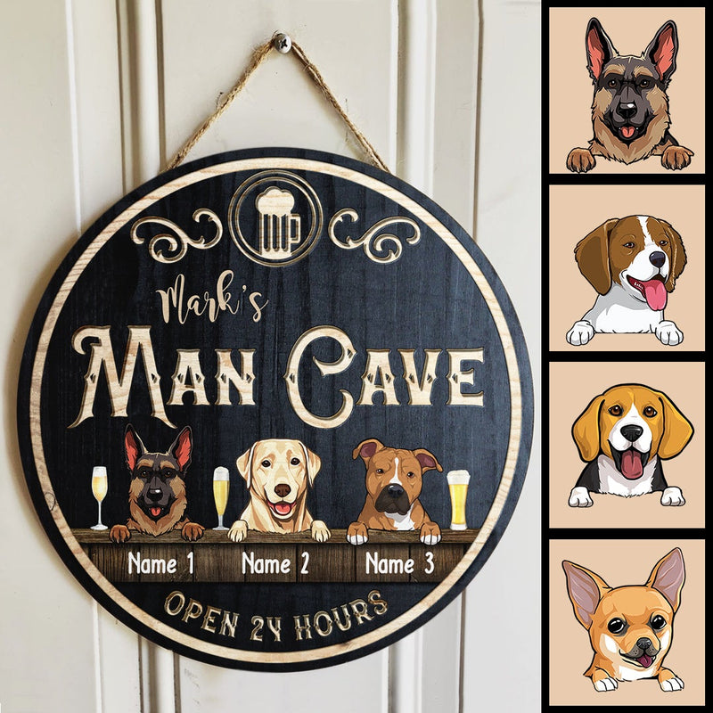 Man Cave Open 24 Hours, Black Background, Funny Gift For Dog Lovers, Personalized Dog Door Sign