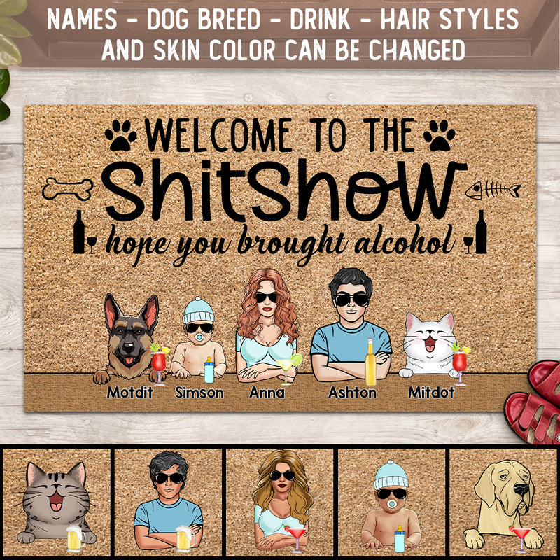 Welcome To The Shitshow Hope You Brought Alcohol, Cool Style Family, Light Brown, Personalized Dog & Cat Breed Doormat