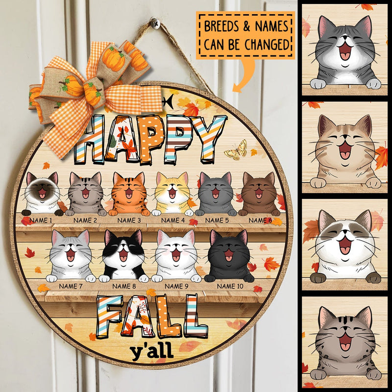 Hello Fall Y'all - Personalized Cat Autumn Season Door Sign