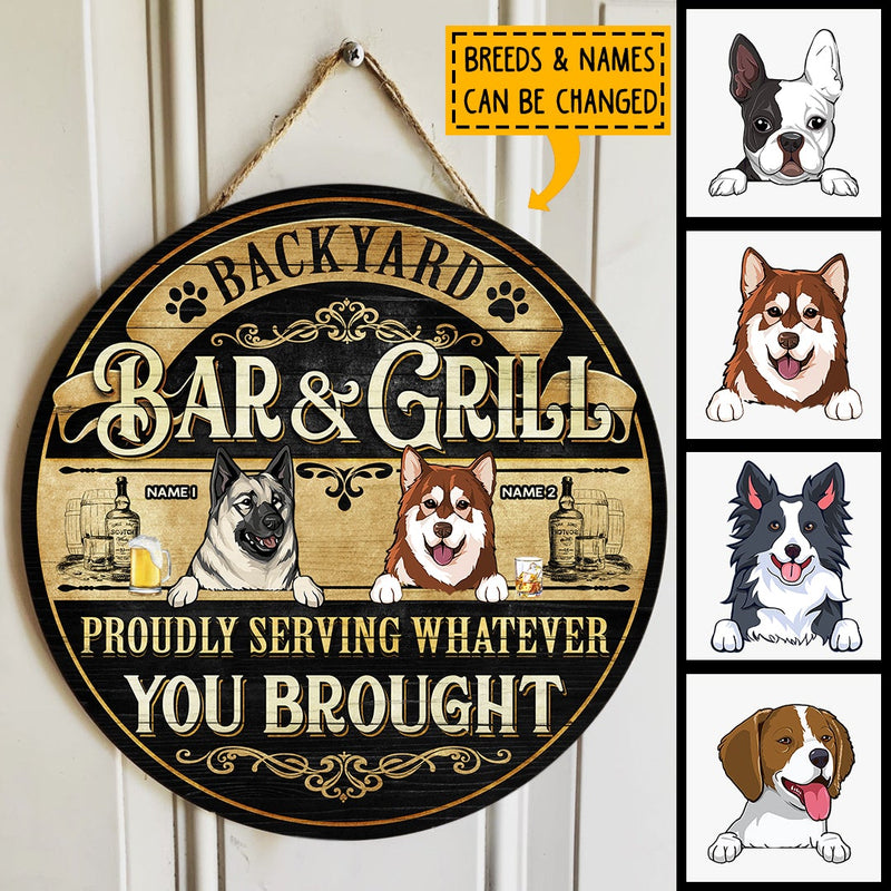 Backyard Bar & Grill, Proudly Serving Whatever You Brought, Balck & Yellow Background, Personalized Dog Lovers Door Sign