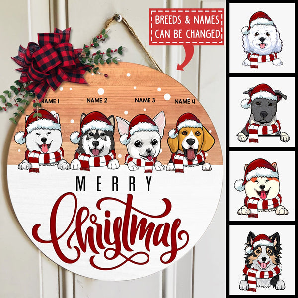 Merry Christmas, Light Brown Wooden And Snow Background, Personalized Dog Lovers Christmas Door Sign