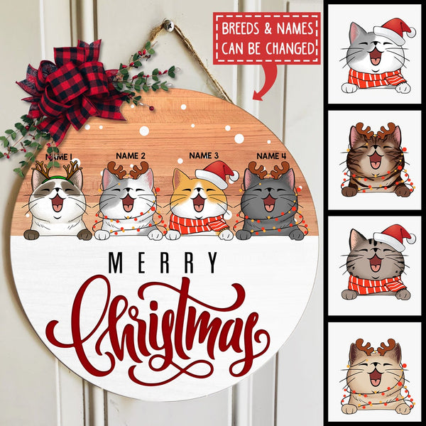 Merry Christmas, Light Brown Wooden And Snow Background, Personalized Cat Lovers Christmas Door Sign