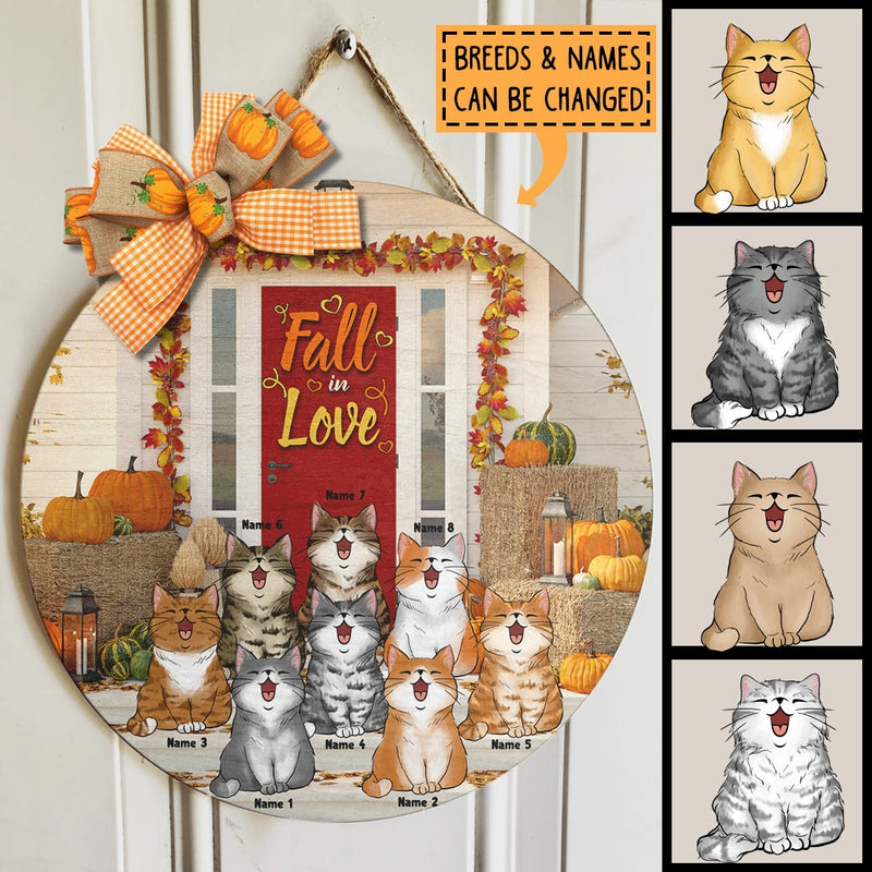 Fall In Love - Pumpkin Harvest Season - Personalized Cat Autumn Door Sign