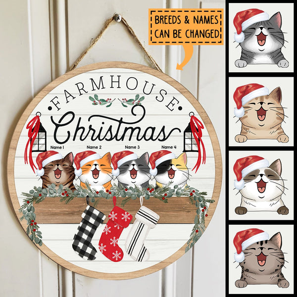 Farmhouse Christmas - White Wooden Wall - Personalized Cat Christmas Door Sign