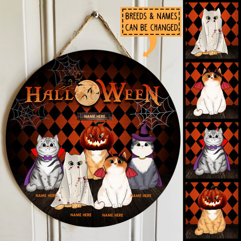 Halloween - Full Moon - Orange And Black Argyle Background - Personalized Cat Door Sign