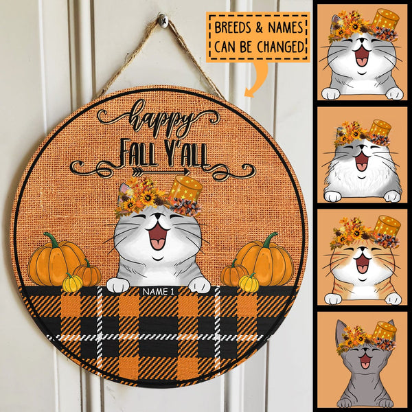 Happy Fall Y'all - Fall Flowers Headband - Orange Plaid - Personalized Cat Autumn Door Sign