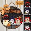 Happy Halloween - Black Plaid Tablecloth - Personalized Cat Halloween Door Sign