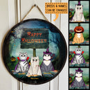 Happy Halloween - Blue Foggy Forrest - Personalized Cat Halloween Door Sign