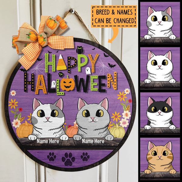 Happy Halloween - Flowers And Bats On Purple Door - Personalized Cat Door Sign