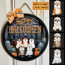 Happy Halloween - Foggy Cemetery At Night - Personalized Cat Halloween Door Sign