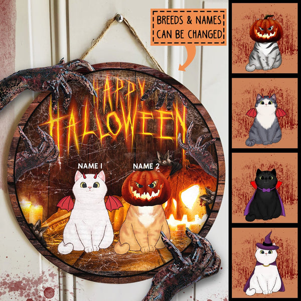 Happy Halloween - Jack-o'-lantern - Personalized Cat Halloween Door Sign