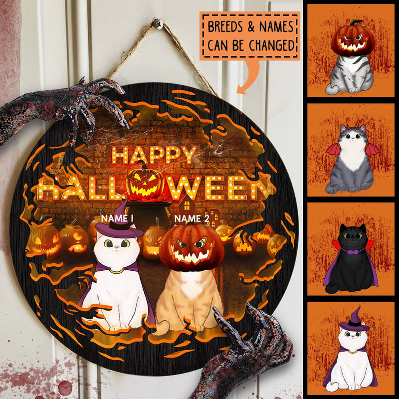 Happy Halloween - Orange Scary Light - Personalized Cat Halloween Door Sign