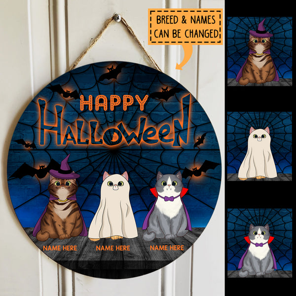 Happy Halloween - Spiderweb And Bat - Personalized Cat Halloween Door Sign