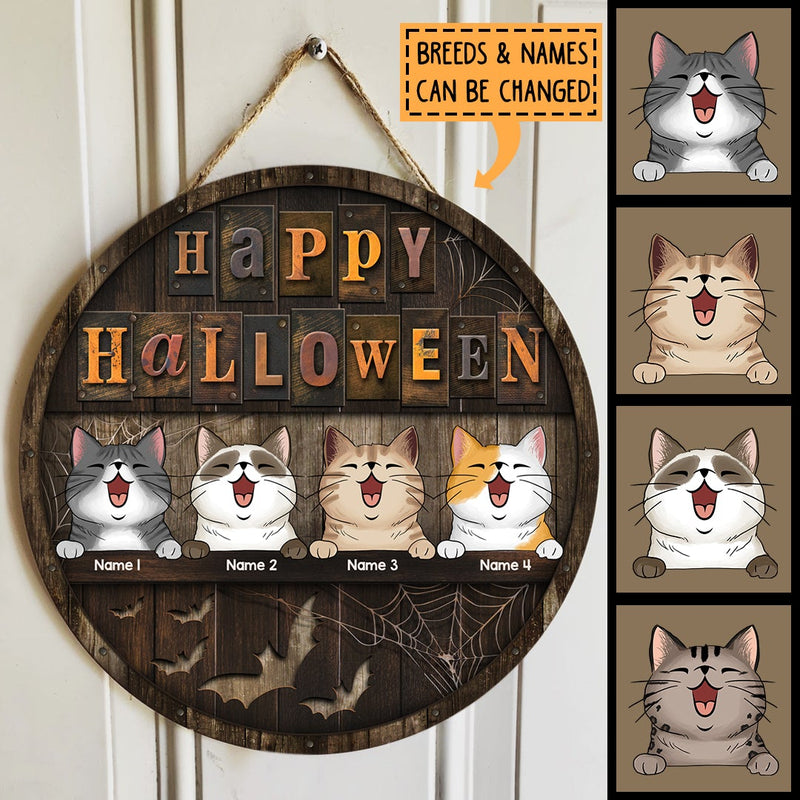 Happy Halloween - Wooden - Personalized Cat Halloween Door Sign