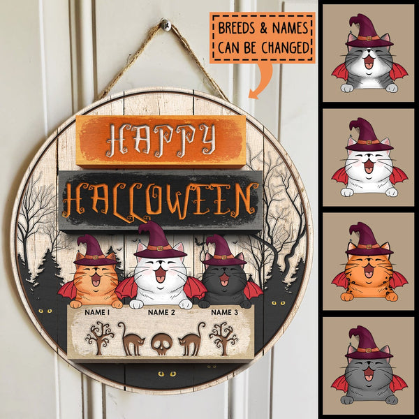 Happy Halloween - Funny Cats Wear Witch Hat - Personalized Cat Halloween Door Sign