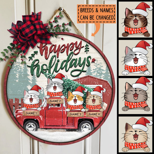 Happy Holiday - Red Truck Snow - Personalized Cat Christmas Door Sign