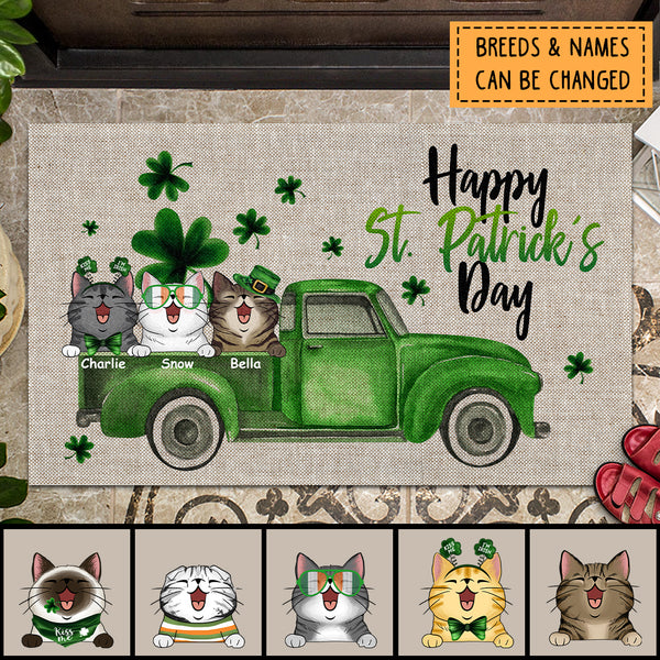 Happy St. Patrick's Day, The Green Car & Shamrock, Welcome Mat, Housewarming Gift, Personalized Cat Lovers Doormat