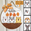 Hello Fall - Letters On Maple Leaves - Personalized Cat Autumn Door Sign