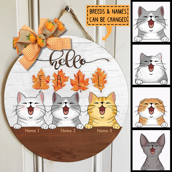 Hello Fall - Letters On Maple Leaves - Personalized Cat Autumn Door Sign