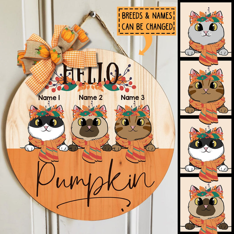 Hello Pumpkin - Fall Headband And Scarf - Personalized Cat Autumn Door Sign