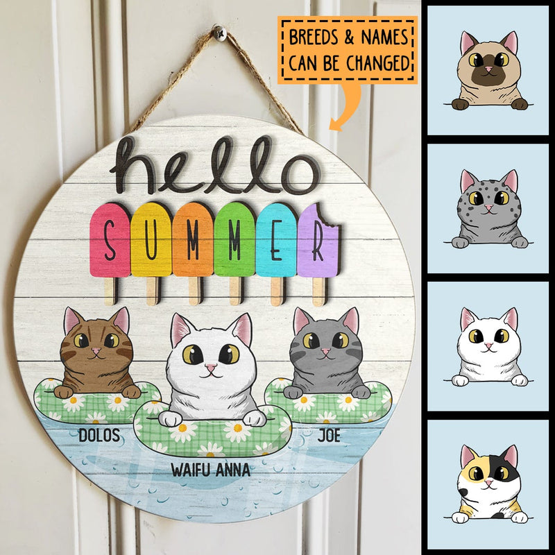 Hello Summer - Cats on Float - Personalized Cat Door Sign