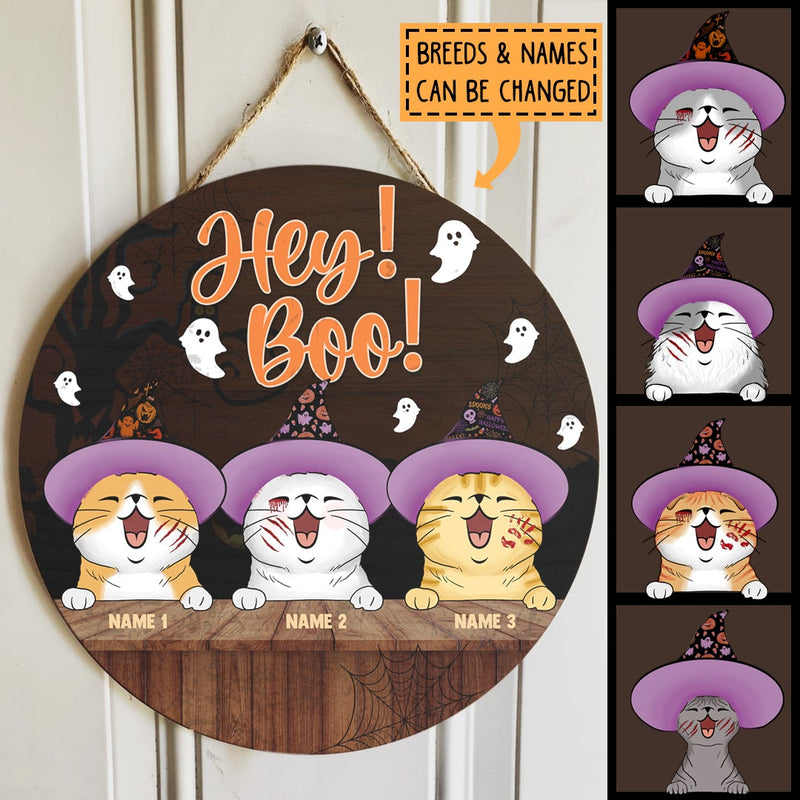 Hey Boo - Witch Cats - Personalized Cat Halloween Door Sign