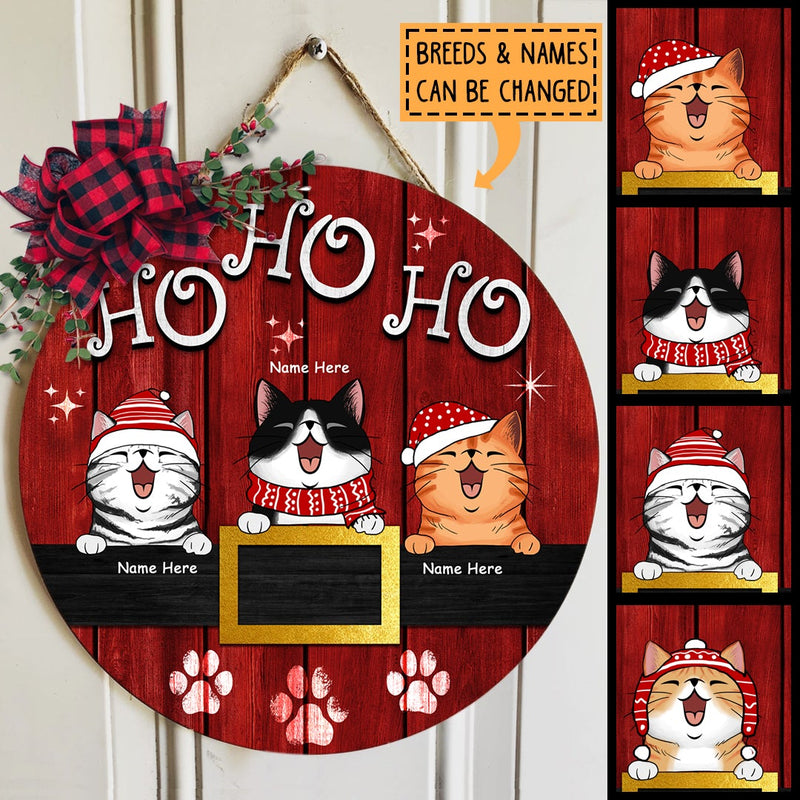 Ho Ho Ho - Red Wooden - Personalized Cat Christmas Door Sign