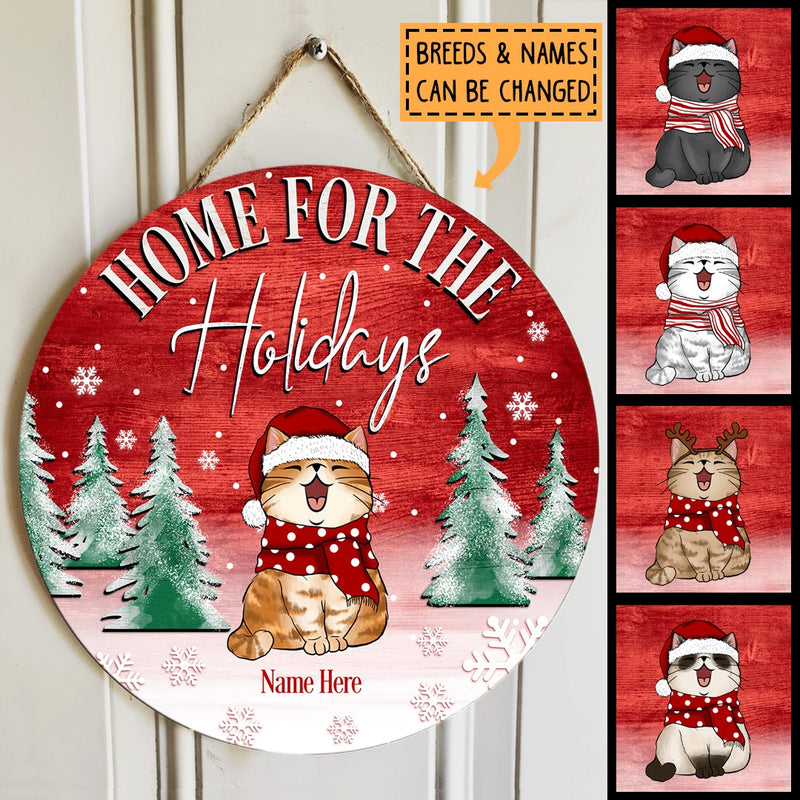 Home For The Holidays - Faded Red Wooden - Personalized Cat Christmas Door Sign