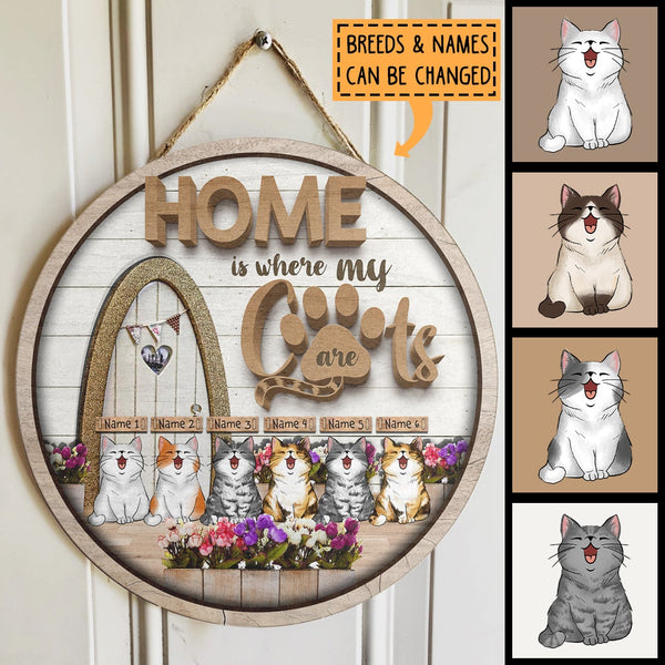 Home Is Where My Cats Are - White Door and Flowers - Personalized Door Sign