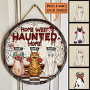 Home Sweet Haunted Home - Cats Standing On Red Checkered Floor - Halloween Costume - Personalized Cat Door Sign